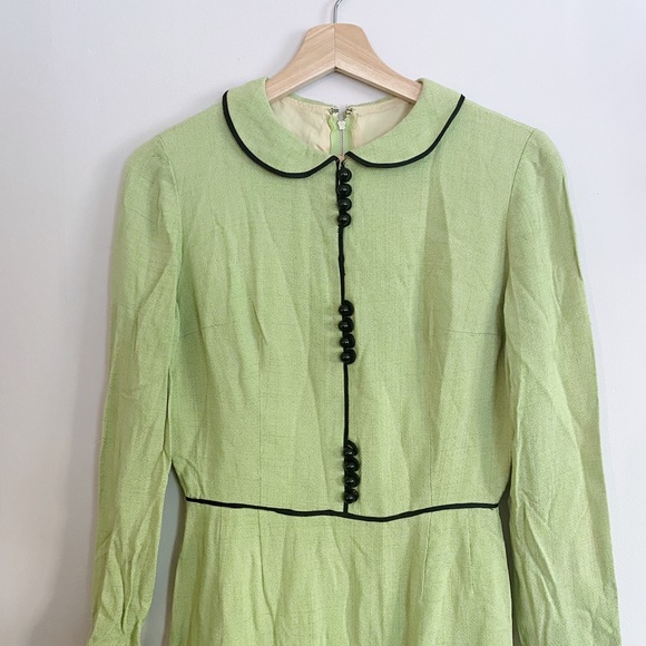 Vintage 60s Dress Peter Pan Collar Linen Twee Spring Green A Line S - Picture 2 of 7
